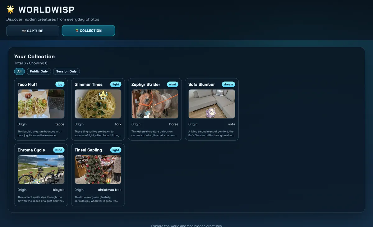 WorldWisp screenshot showing the character collection view